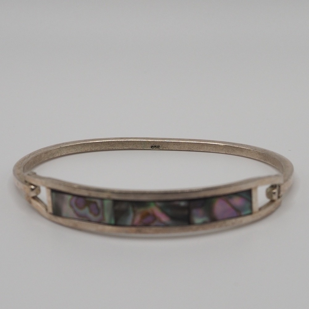 Vintage Bangle Bracelet Silver Abalone Inlay Shell Mexico Boho - Picture 2 of 12